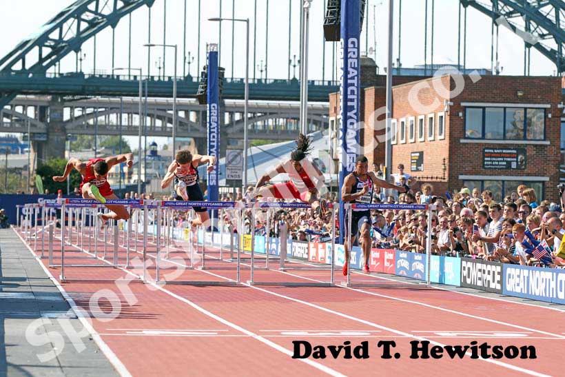 Jason Richardson (USA) wins the 110 metres hurdles from Ray Wilson (USA), Lawrence Clarke and Alex Al Ameen at the 2012 BUPA Great North CityGames.